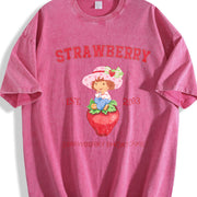 Adult Strawberry Shortcake Red Berry Dessert for HerHim vintage washed oversized T-shirt in Red