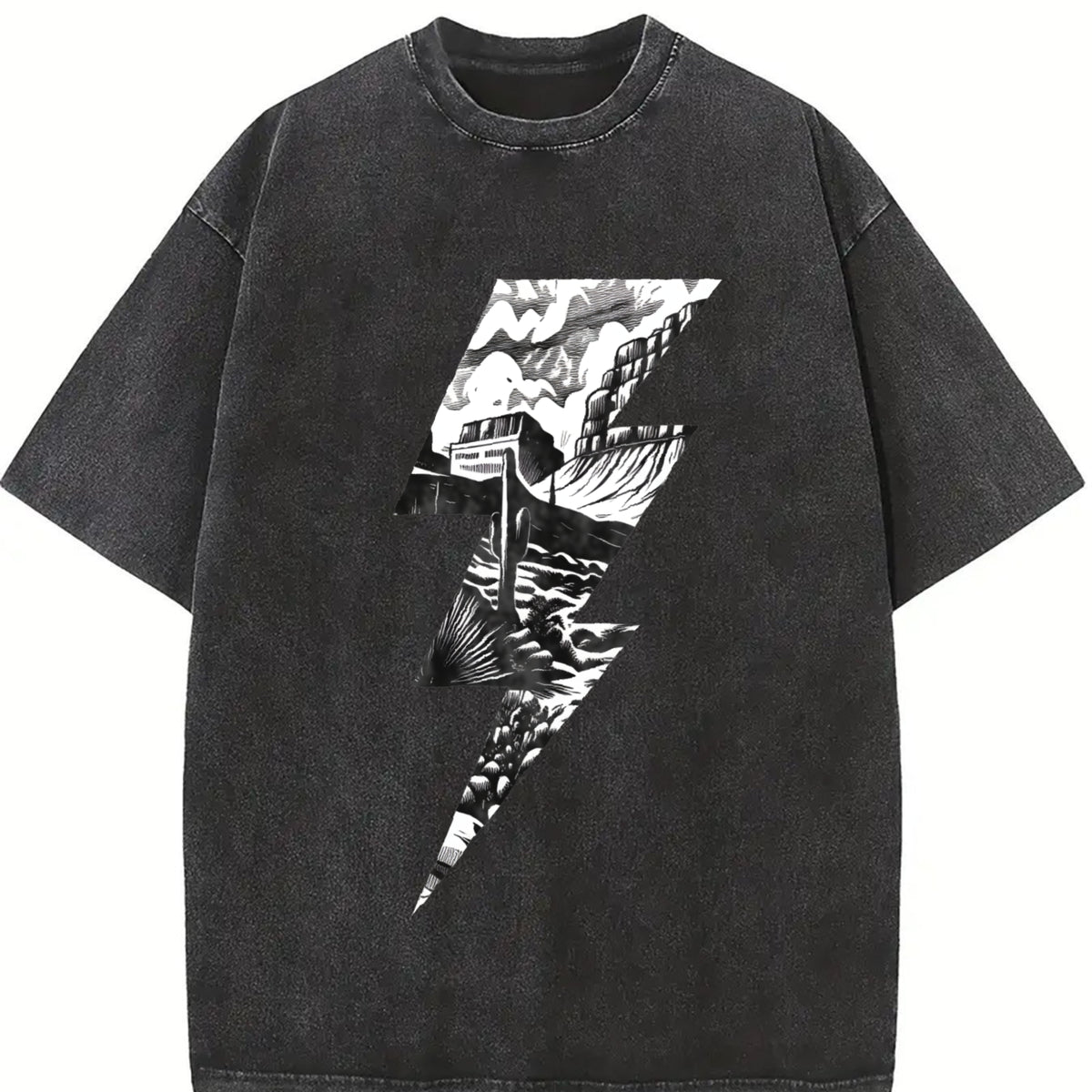 Lightning Bolt Desert Cactus Retro 90s Vintage Washed T-Shirt in Black