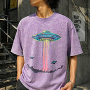 Retro Alien Abduction Vintage Washed T-Shirt in Purple