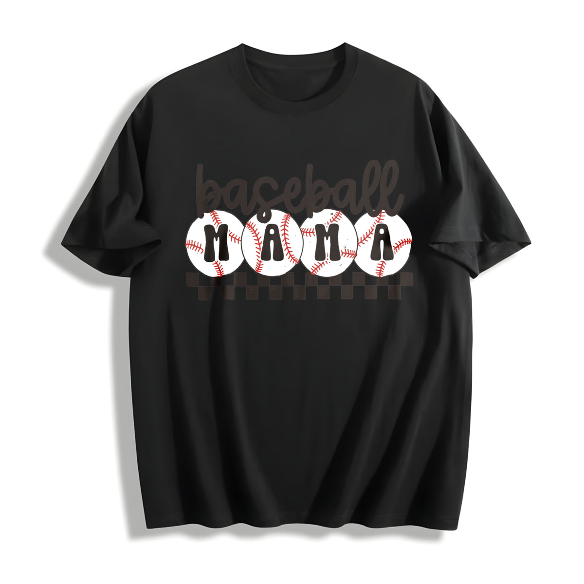 Baseball Mama Checkered Mama Cotton T-Shirt in Black