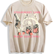 Cute Raccoon with Strawberry Jams and PewPew Protection Vintage Washed T-Shirt in Beige
