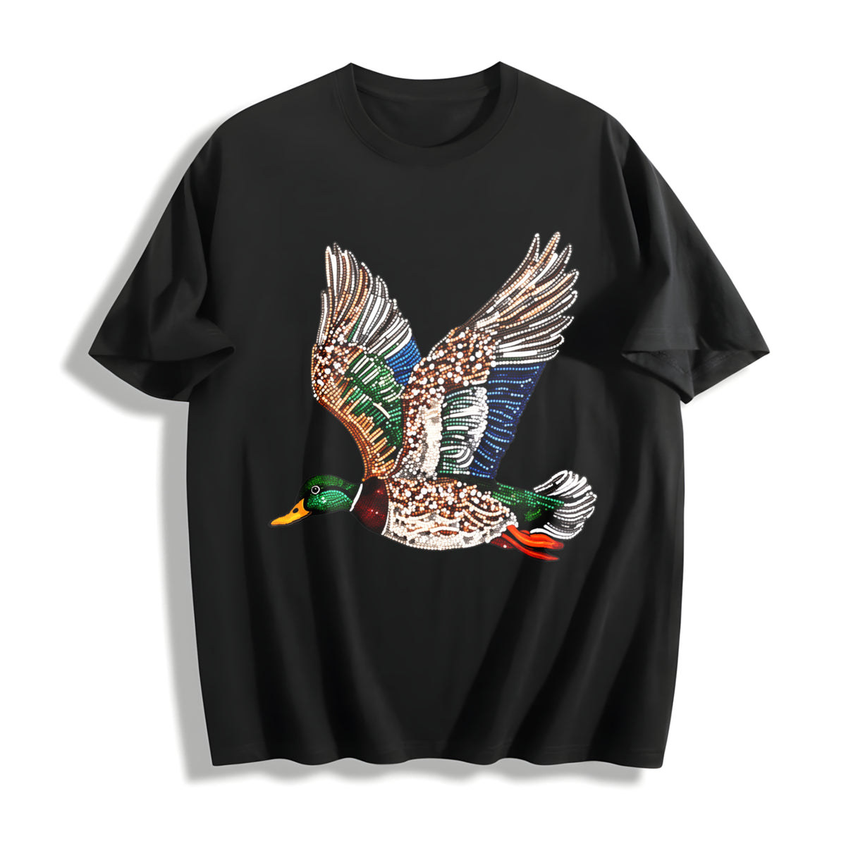 Faux Rhinestone Mallard Duck Flying: Hunting Lover Cotton T-Shirt in Black