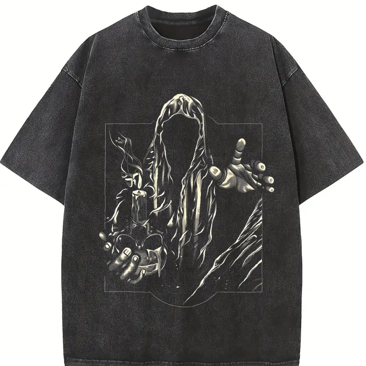 Faceless Reaper Skull Candle Art Vintage Washed T-Shirt in Black