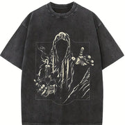 Faceless Reaper Skull Candle Art Vintage Washed T-Shirt in Black