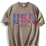 Embroidered USA Bow Coquette Vintage Washed T-Shirt in Brown