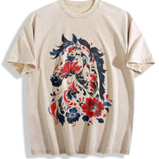 New Year Winter a Horse Year Theme Vintage Washed T-Shirt in Beige