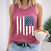 American Flag Distressed Crew-neck Sleeveless Vest Outdoor Women's Color Cotton Tank Top in Red