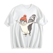 Winter Squirrel Short-sleeved with Orange Yarn Hat Cotton T-Shirt in White