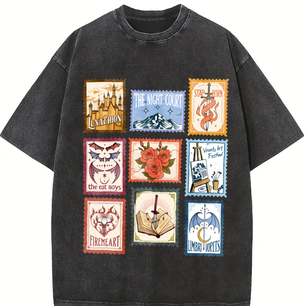 SJM Books Stamp Acotar Tog Crescent City for Bookish Fan Vintage Washed T-Shirt in Black