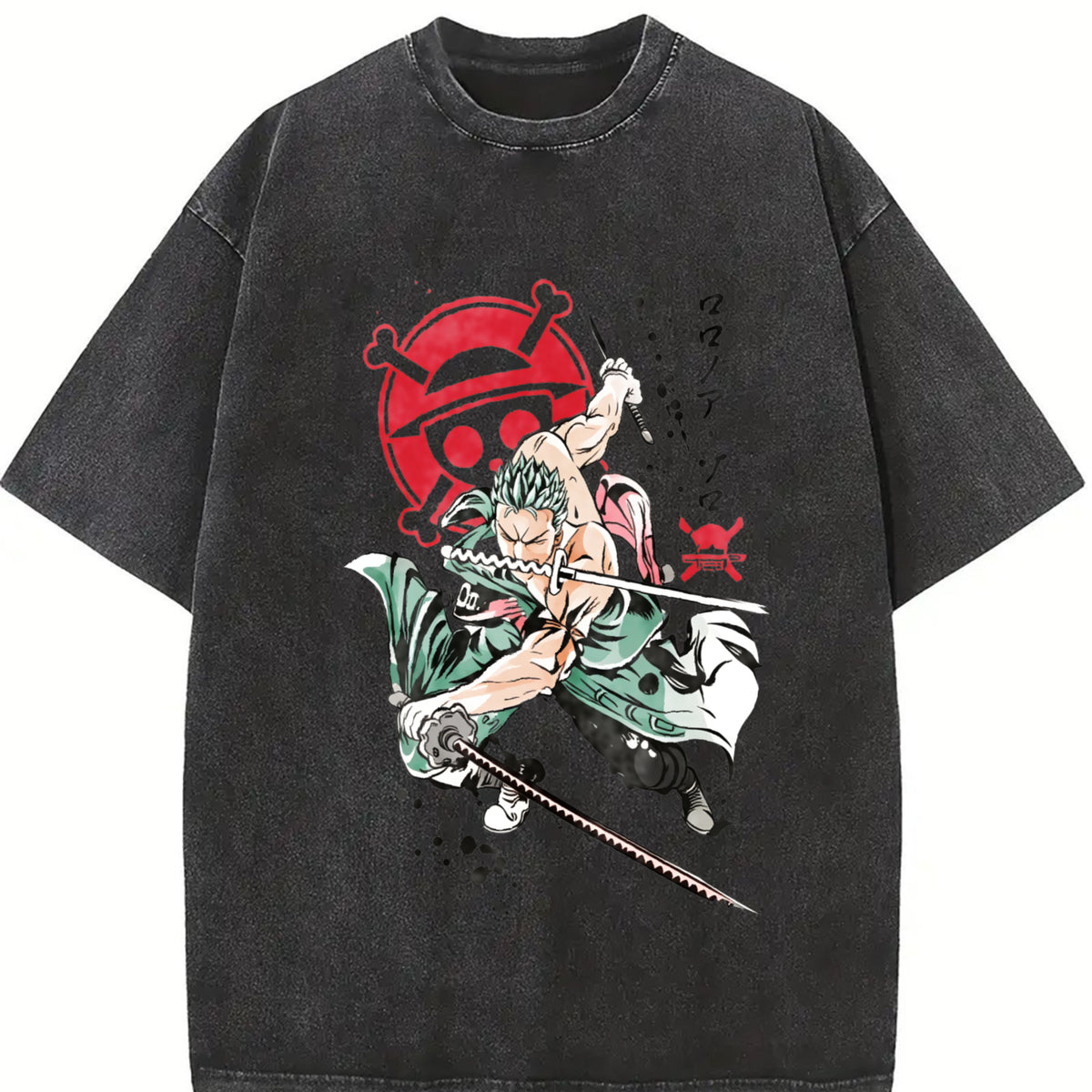 Anime Streetwear Character vintage washed oversized T-shirt in Black