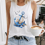 Anchor Rope Seagulls Water Blue Crew-neck Sleeveless Vest Women's Color Cotton Tank Top in White