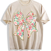 Coquette Bow Floral Bow Vintage Washed T-Shirt in Beige