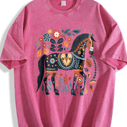 Bohemian Floral Horse One-piece Vintage Washed T-Shirt in Red