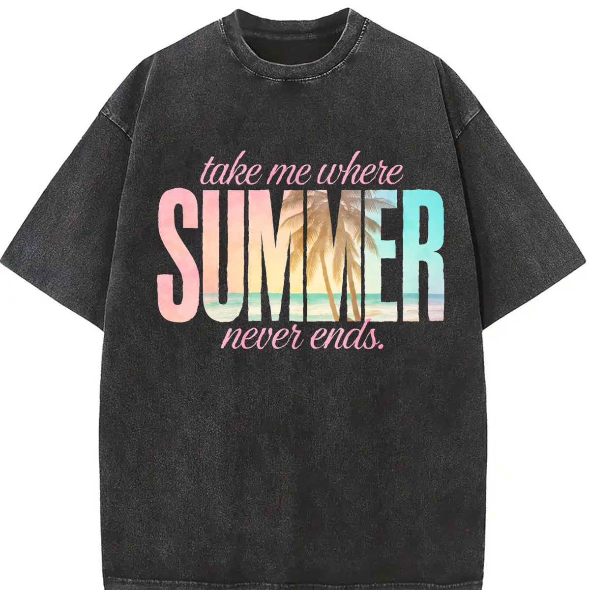 Take Me Where Summer Never Ends Vintage Washed T-Shirt in Black