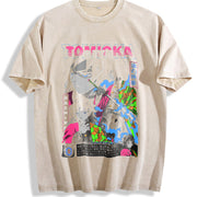 Demon Slayer Anime Tomioka Giyuu Peripheral and Y2K Loose vintage washed oversized T-shirt in Beige