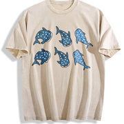 Whale Shark Embroidered Vintage Washed T-Shirt in Beige