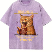 Cat Reading Retro Cat Vintage Washed T-Shirt in Purple
