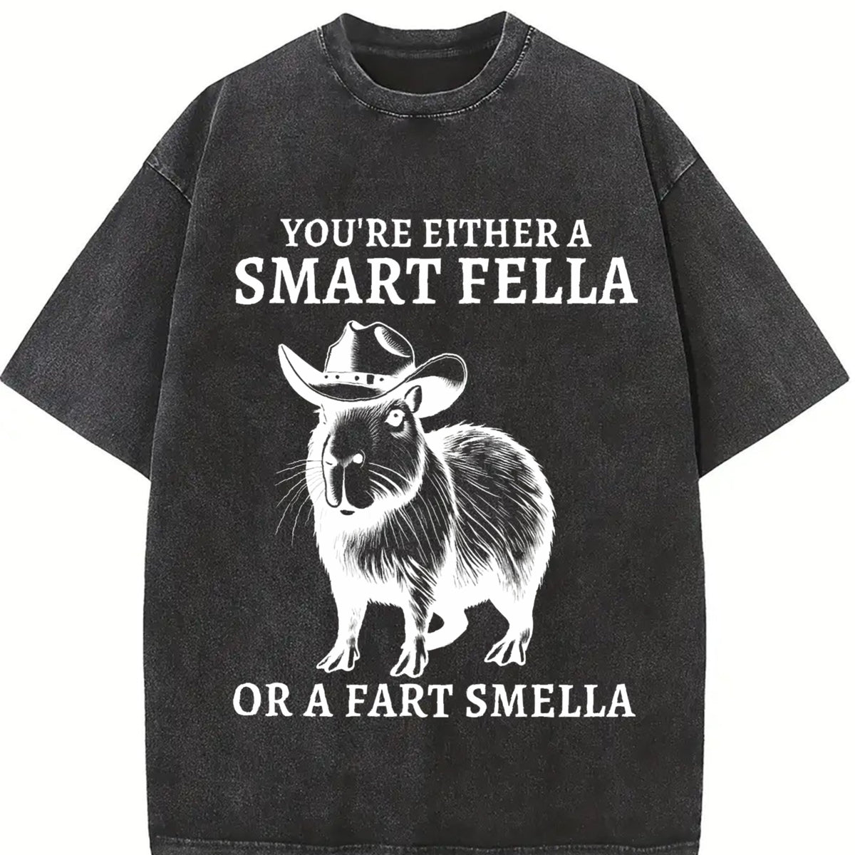 Retro Smart Fella Capybara 90s Vintage Washed T-Shirt in Black