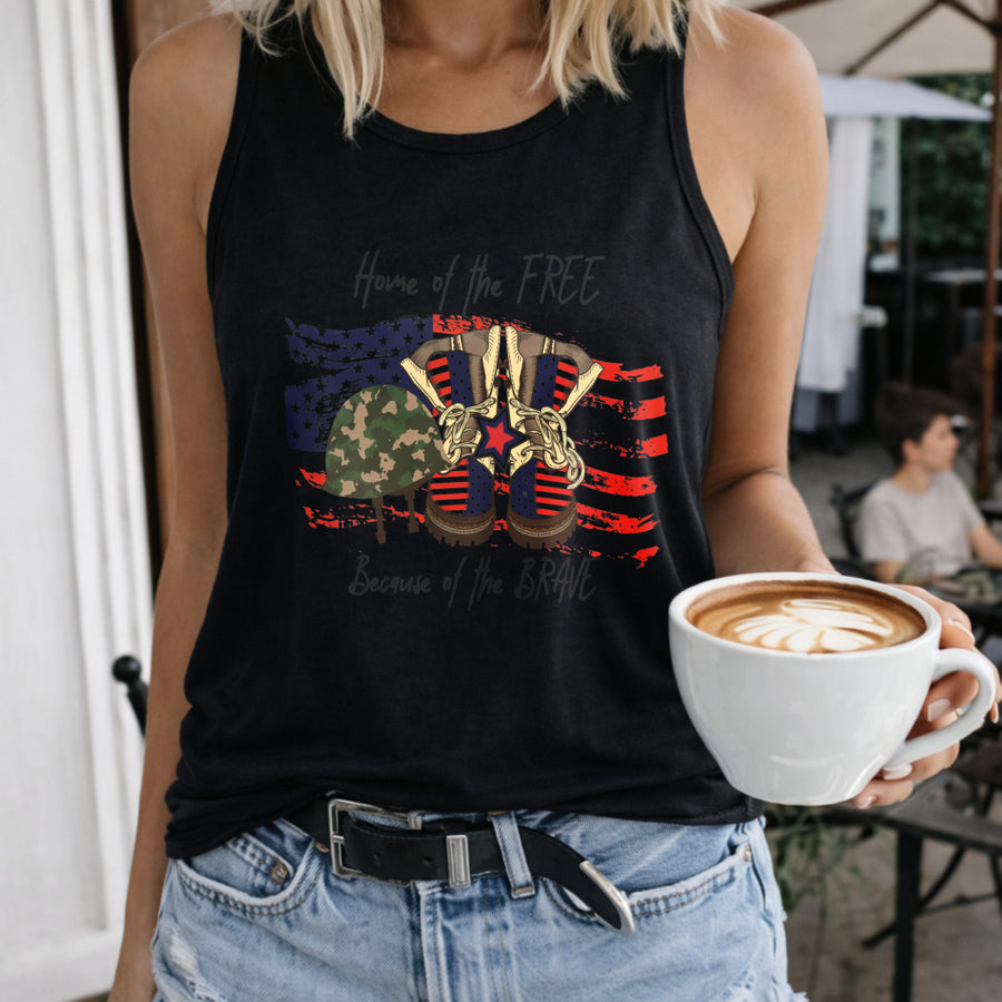 Home of the Free Because of the Brave Women's Color Cotton Tank Top in Black