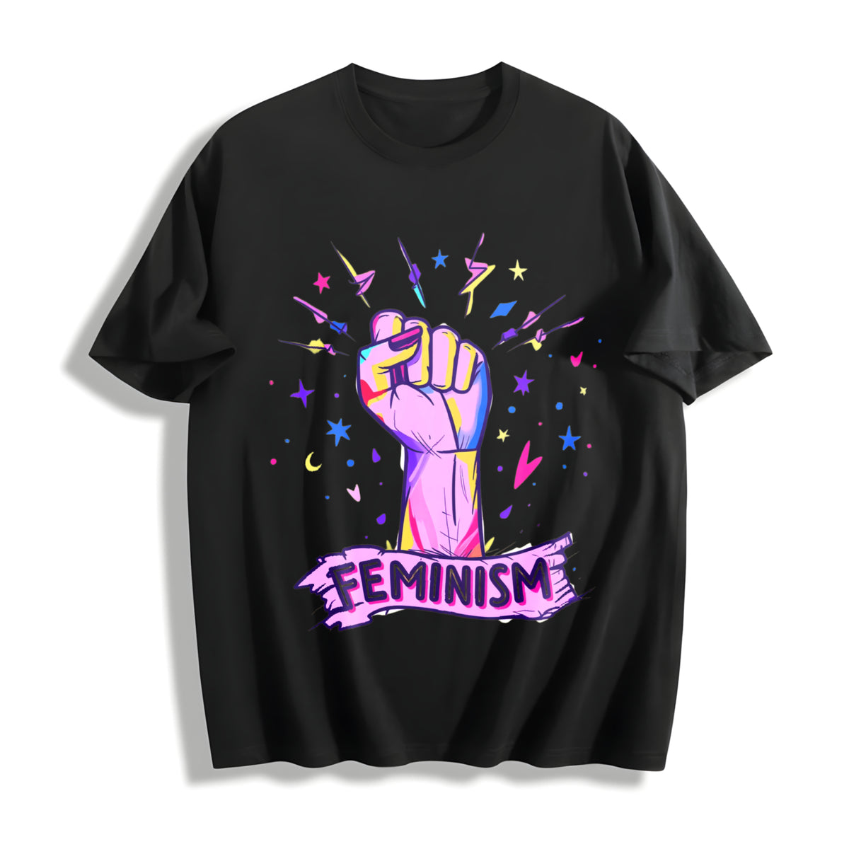Luokeren Feminist Retro with Empowerment Fist & Stars Cotton T-Shirt in Black