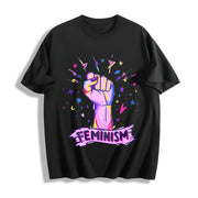 Luokeren Feminist Retro with Empowerment Fist & Stars Cotton T-Shirt in Black