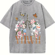 YHWH Yahweh Floral Christian Vintage Washed T-Shirt in Gray
