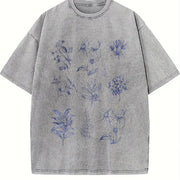 90s Botanical Retro Botanical Wild Flowers Nature Vintage Washed T-Shirt in Gray