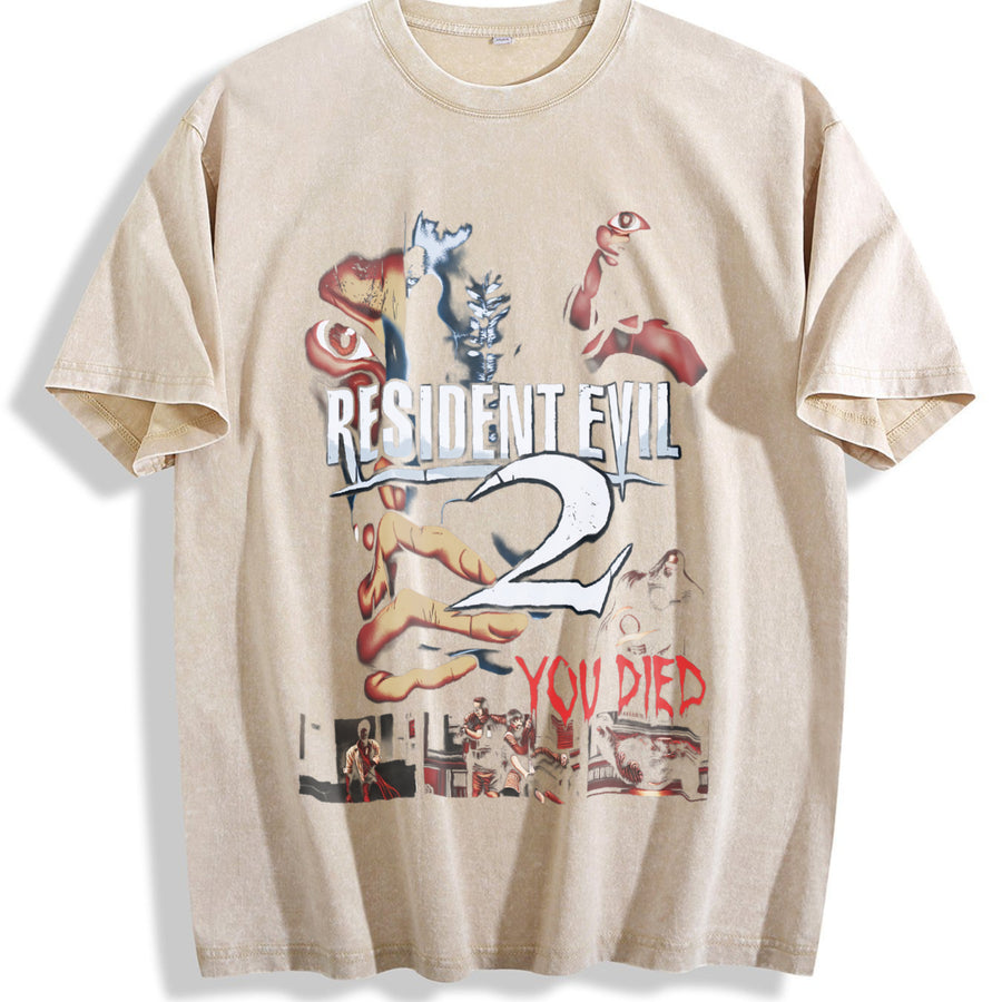 Resident Evil 2 You Died horror Game soft game movie game vintage washed oversized T-shirt in Beige