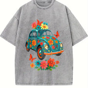 Turquoise Floral Breathable Blouse for Daily and Party vintage washed oversized T-shirt in Gray