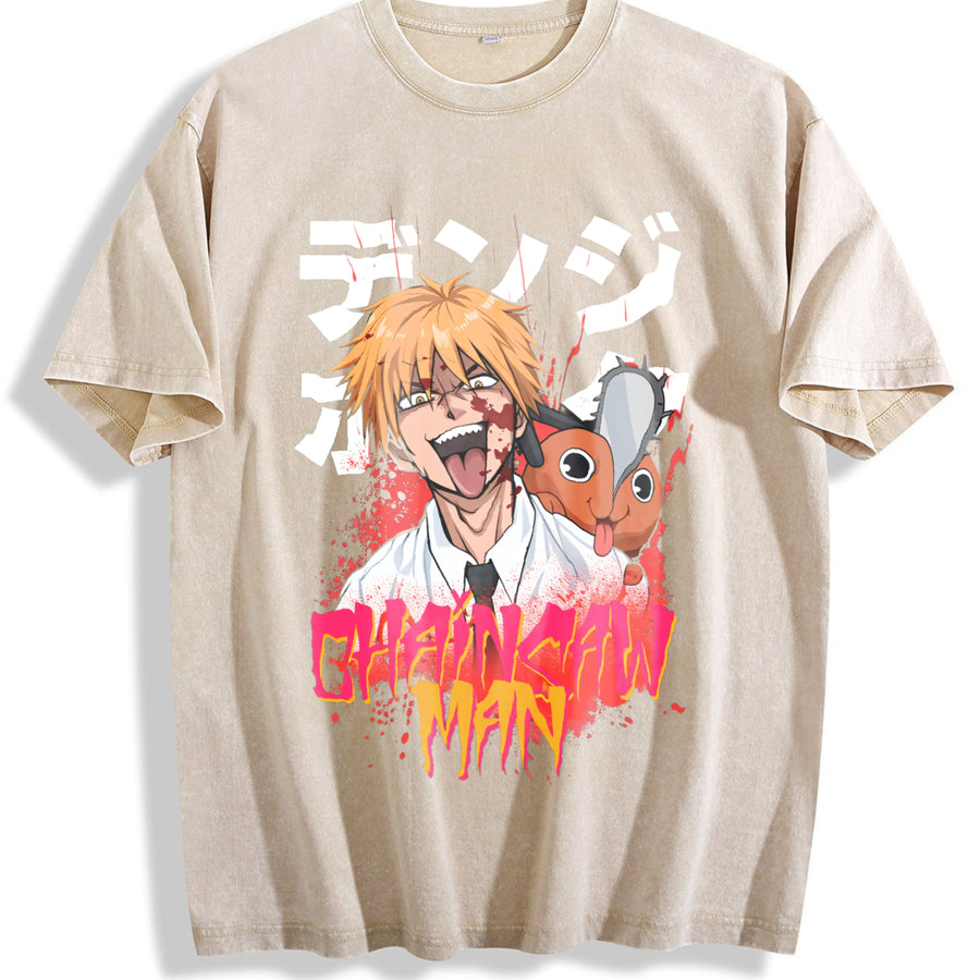 Aki Metal Chainsaw Man Vintage2 O-neck Denji Makima Aki vintage washed oversized T-shirt in Beige