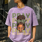 Pray on It Pray Over It Black Woman Afro Christian Sayings Vintage Washed T-Shirt in Purple