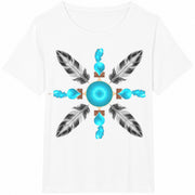 Turquoise Feather Mandala Cotton T-Shirt in White