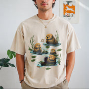 90s Sea Otter Retro Wildlife Vintage Washed T-Shirt in Beige