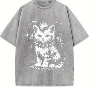 Punk Cat Grunge Rebel Cat Alternative 2026 Couple 2026 Vintage Washed T-Shirt in Gray