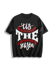 Sports Game Day Faux Glitter Tis the Season Baseball Cotton T-Shirt in Black