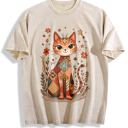 Retro Cat Short-sleeve Vintage Washed T-Shirt in Beige