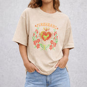 Fire-heart vintage washed oversized T-shirt in Beige