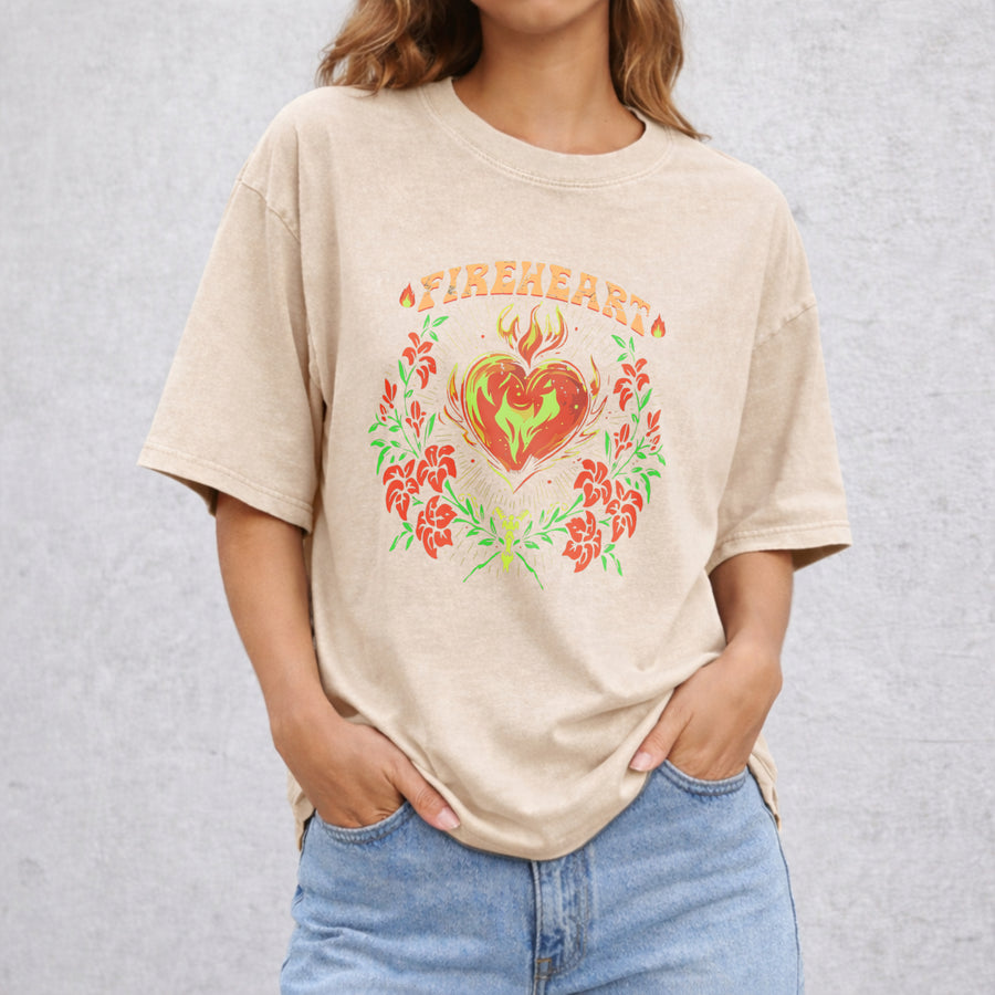 Fire-heart vintage washed oversized T-shirt in Beige