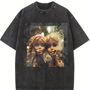 Two Glam Dolls Portrait Vintage Washed T-Shirt in Black