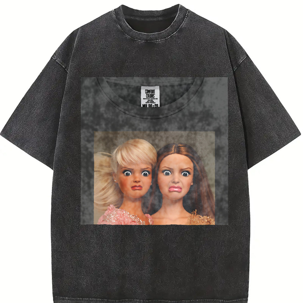 Two Glam Dolls Portrait Vintage Washed T-Shirt in Black