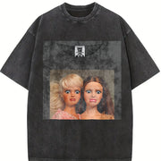 Two Glam Dolls Portrait Vintage Washed T-Shirt in Black