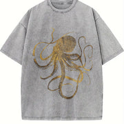 ' Golden Octopus with -Line Vintage Washed T-Shirt in Gray