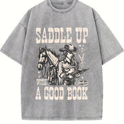 Cowgirl Saddle Up a Good Book Western Vintage Washed T-Shirt in Gray