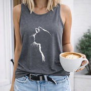 Cat Silhouette White Crew-neck Sleeveless Vest Outdoor Women's Color Cotton Tank Top in Gray