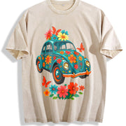 Turquoise Floral Breathable Blouse for Daily and Party vintage washed oversized T-shirt in Beige