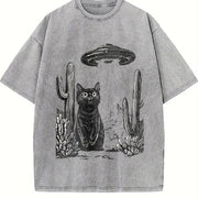 Retro UFO Desert Cat 90s Vintage Washed T-Shirt in Gray