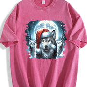 Retro Christmas Wolf Teenager Vintage Washed T-Shirt in Red