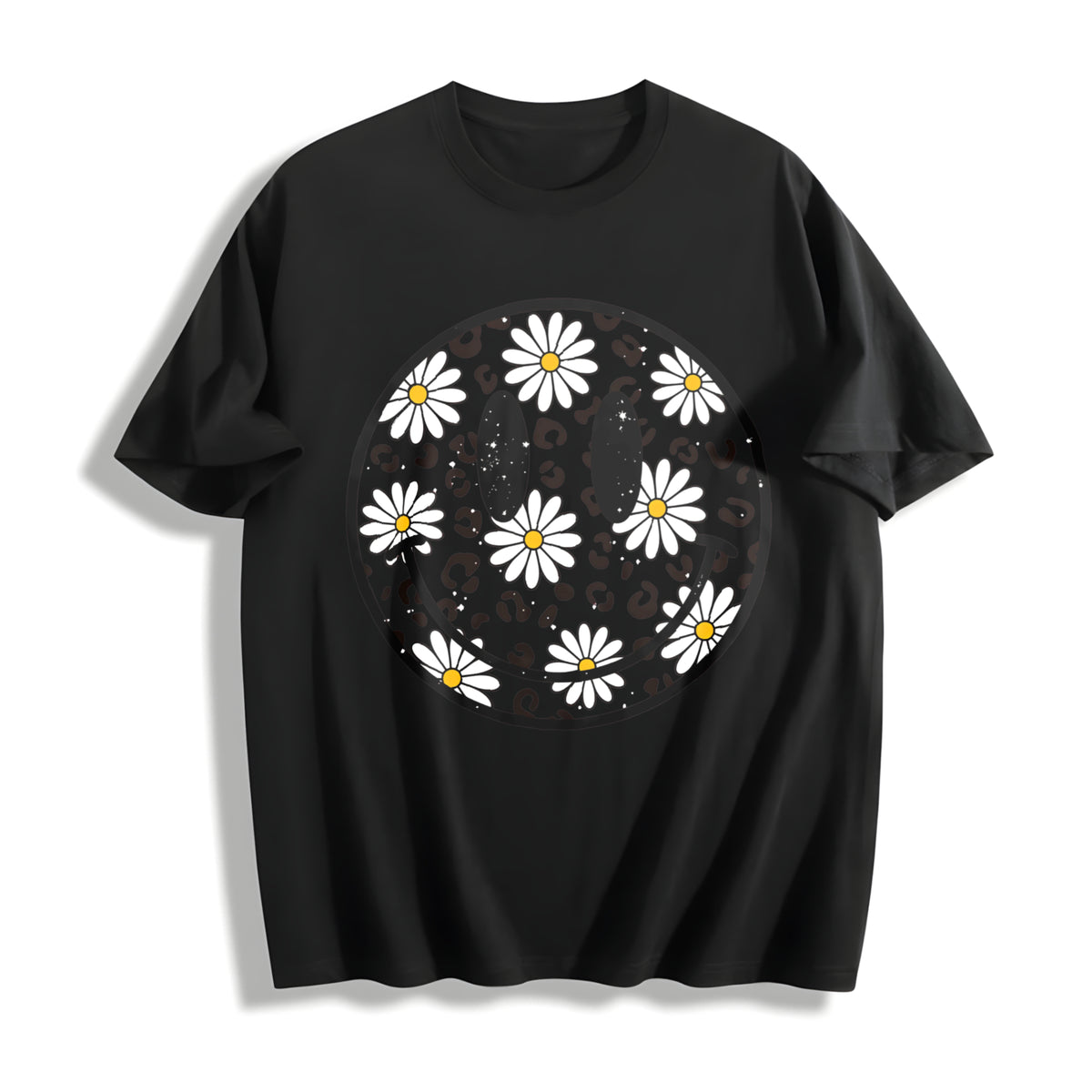 Daisy Floral Happy Face Cotton T-Shirt in Black