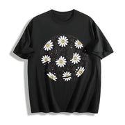 Daisy Floral Happy Face Cotton T-Shirt in Black