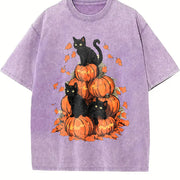 Halloween Holiday Costume Pumpkin Tower with Cat One-piece Vintage Washed T-Shirt in Purple